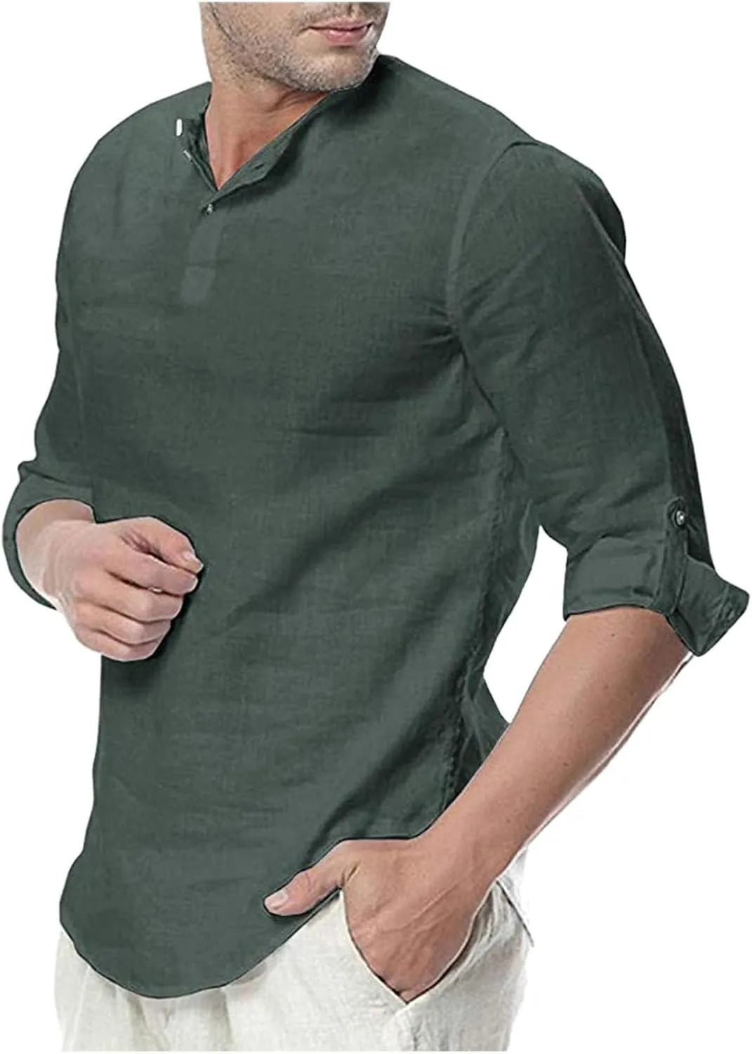 Men's Cotton Linen Henley Shirt Casual Long Sleeve Roll Up Hippie Shirts Summer Loose Fit Button Down Beach Yoga Tops Army Green