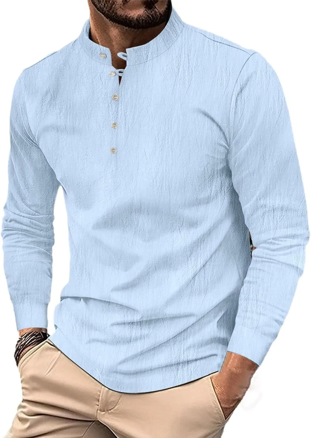 Mens Cotton Linen Shirts Fashion Long Sleeve Button up Henley Shirts Loose Lightweight Casual Vintage Beach Yoga Tops