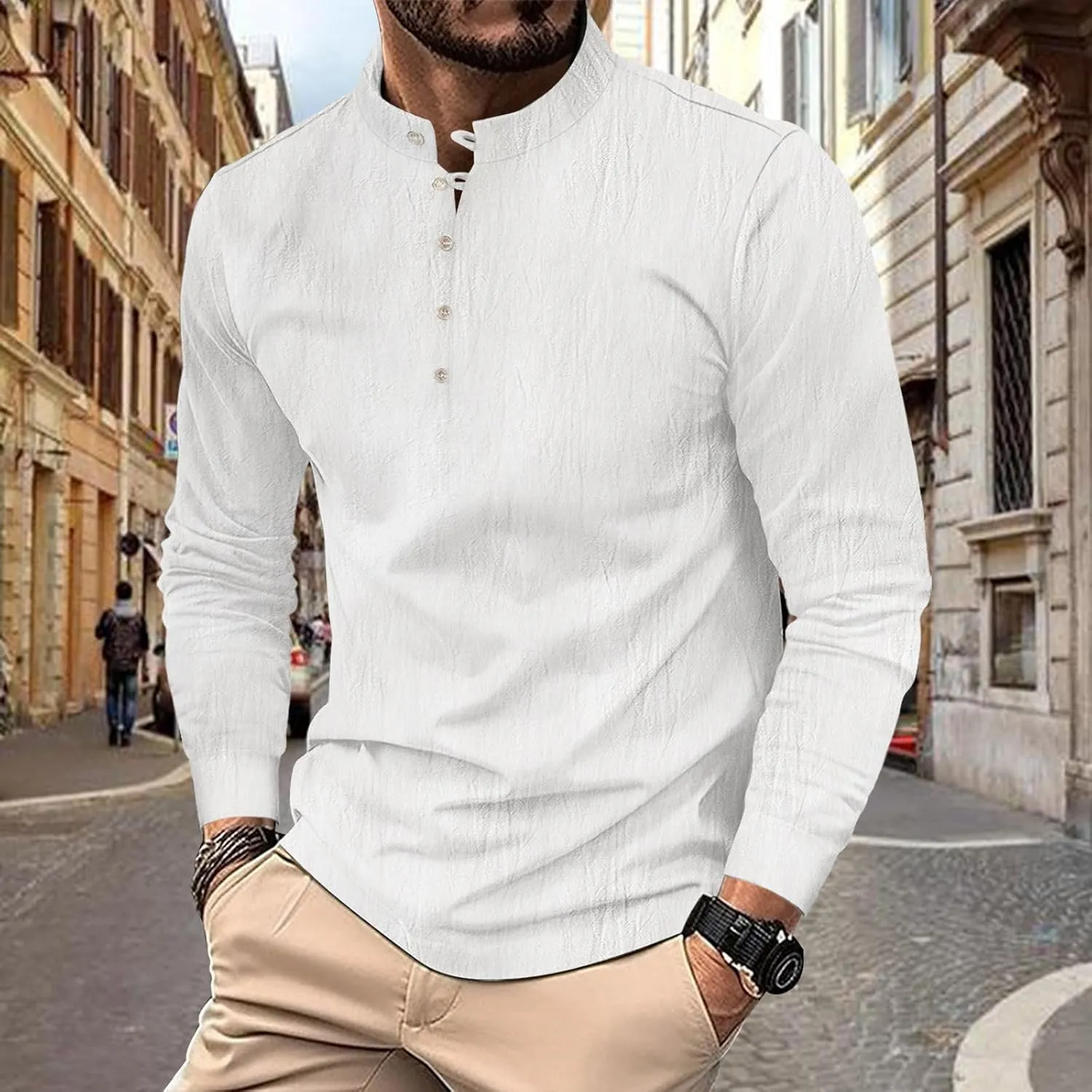 Mens Cotton Linen Shirts Fashion Long Sleeve Button up Henley Shirts Loose Lightweight Casual Vintage Beach Yoga Tops