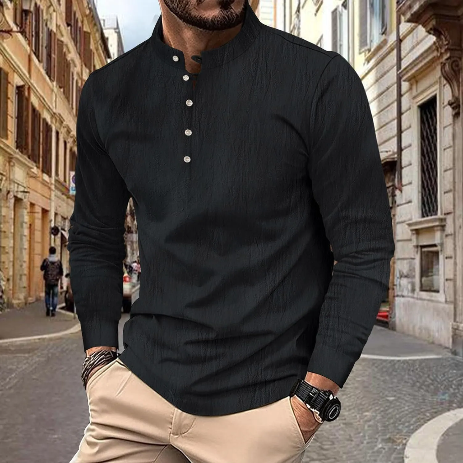 Mens Cotton Linen Shirts Fashion Long Sleeve Button up Henley Shirts Loose Lightweight Casual Vintage Beach Yoga Tops