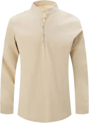 Mens Cotton Linen Shirts Fashion Long Sleeve Button up Henley Shirts Loose Lightweight Casual Vintage Beach Yoga Tops