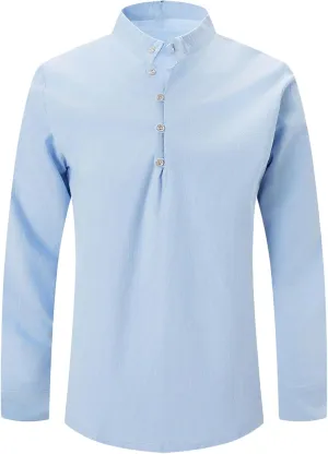 Mens Cotton Linen Shirts Fashion Long Sleeve Button up Henley Shirts Loose Lightweight Casual Vintage Beach Yoga Tops