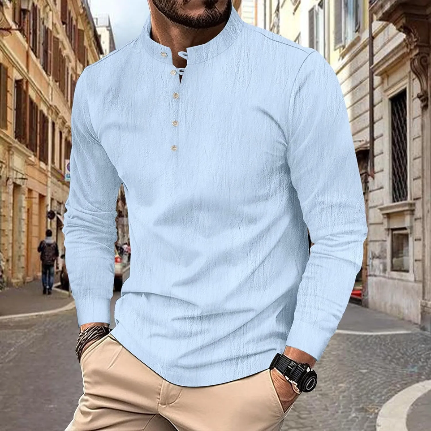 Mens Cotton Linen Shirts Fashion Long Sleeve Button up Henley Shirts Loose Lightweight Casual Vintage Beach Yoga Tops