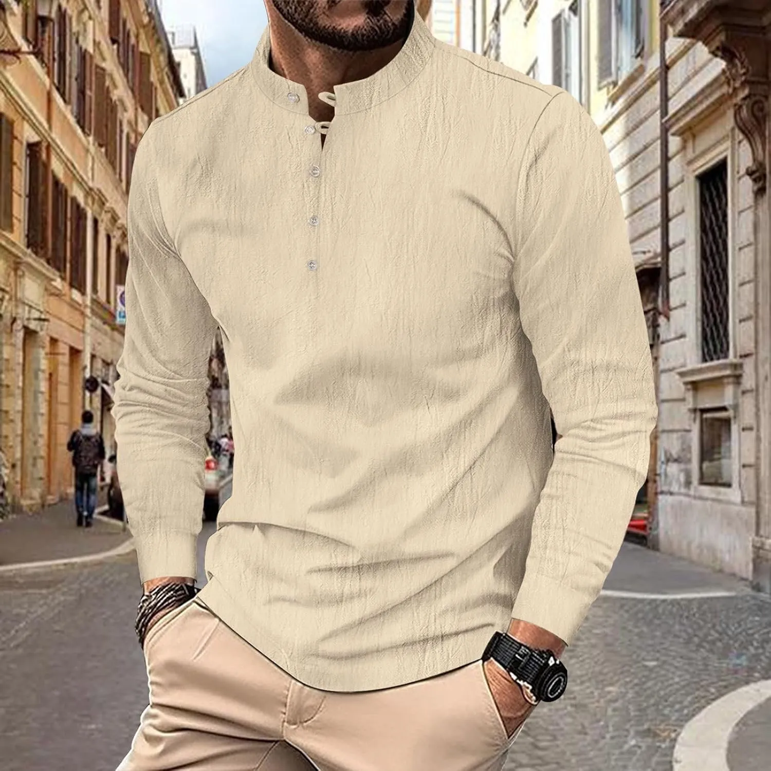Mens Cotton Linen Shirts Fashion Long Sleeve Button up Henley Shirts Loose Lightweight Casual Vintage Beach Yoga Tops