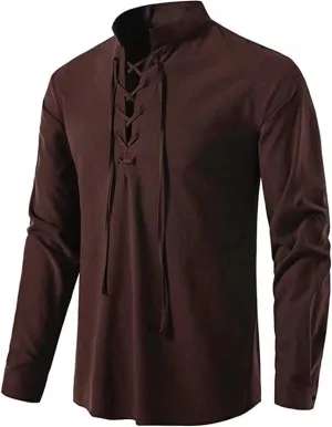 Mens Cotton Linen Shirts Long Sleeve Lace up Vintage Henley Shirt Loose Lightweight Beach Vacation Tops Hippie Outfit