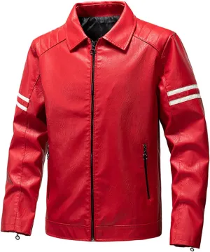 Men's Faux Leather Jacket Vintage Lapel Zipper Striped Pocketed Thermal Winter Fashion Casual Silm Fit Biker Jacket