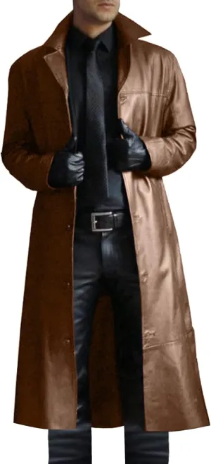 Mens Leather Trench Coat Full Length Classic Faux Leather Long Coats Slim Fit Stand Collar Cardigan Biker Jacket