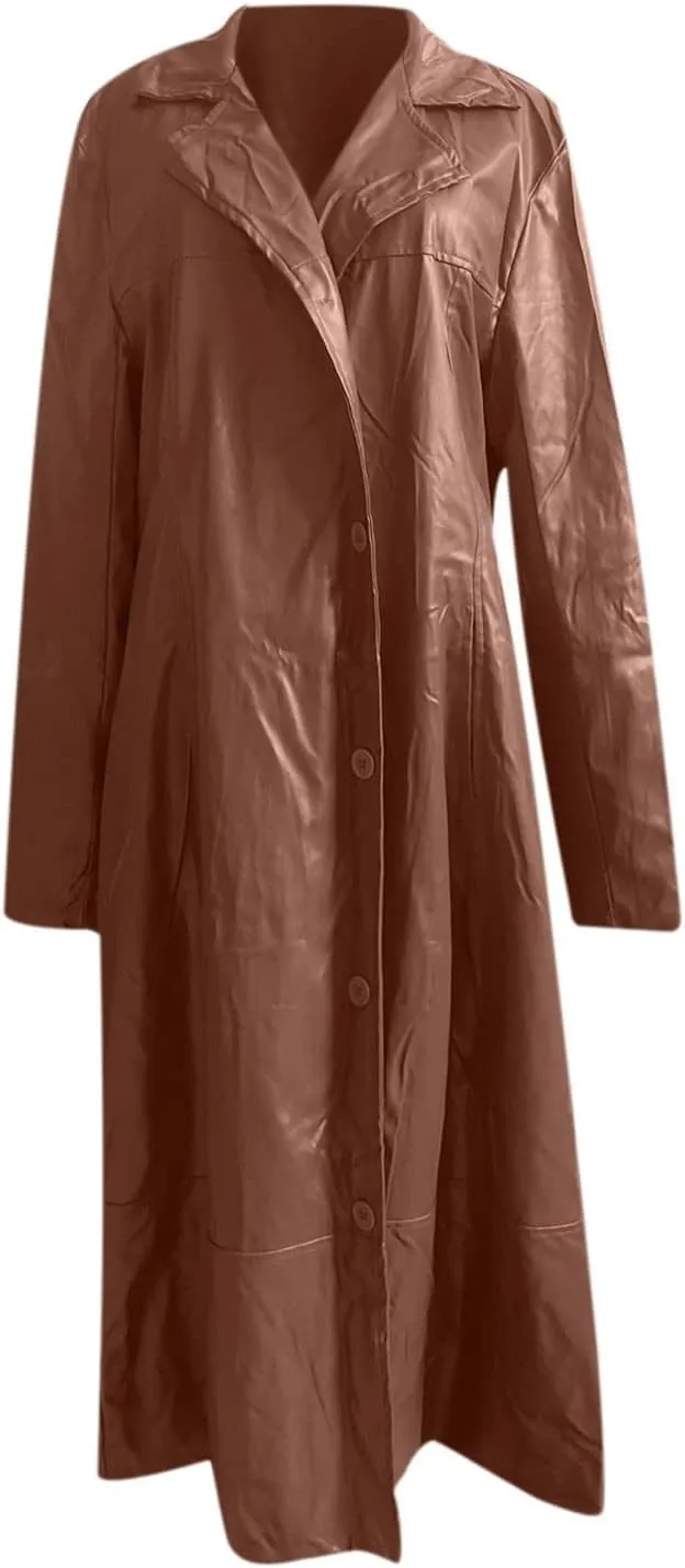 Mens Leather Trench Coat Full Length Classic Faux Leather Long Coats Slim Fit Stand Collar Cardigan Biker Jacket