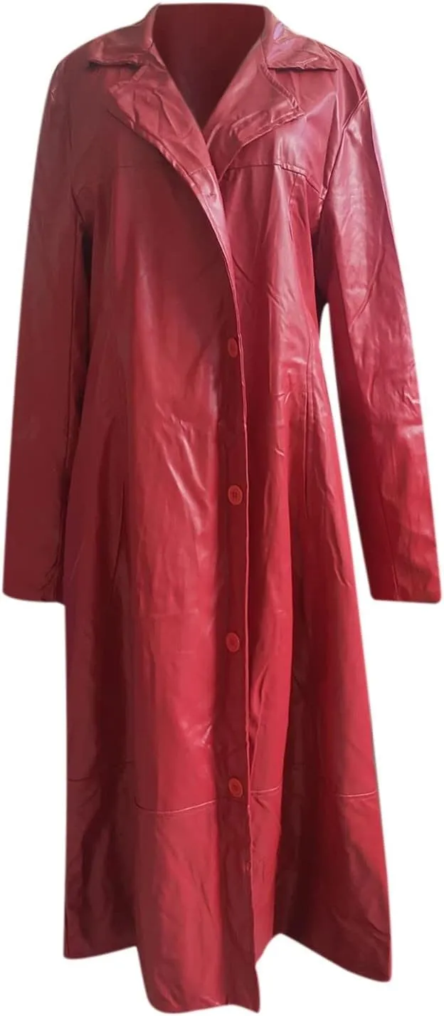 Mens Leather Trench Coat Full Length Classic Faux Leather Long Coats Slim Fit Stand Collar Cardigan Biker Jacket