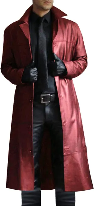 Mens Leather Trench Coat Full Length Classic Faux Leather Long Coats Slim Fit Stand Collar Cardigan Biker Jacket