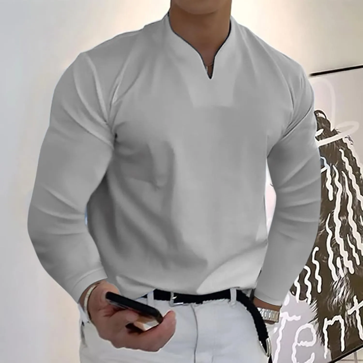 Mens Long Sleeve T Shirts Fashion Work V Neck Golf Pullover Tops Solid Color Loose Wedding Formal Business Basic Tees