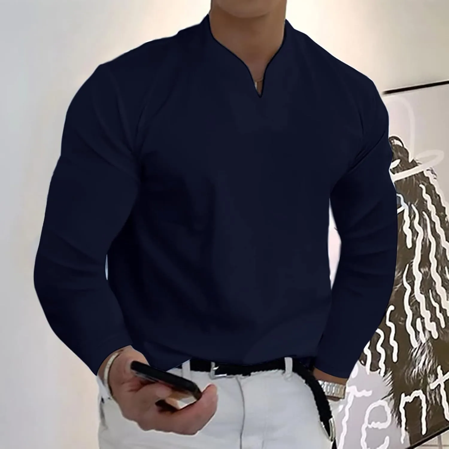 Mens Long Sleeve T Shirts Fashion Work V Neck Golf Pullover Tops Solid Color Loose Wedding Formal Business Basic Tees