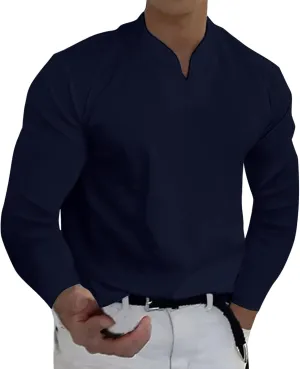 Mens Long Sleeve T Shirts Fashion Work V Neck Golf Pullover Tops Solid Color Loose Wedding Formal Business Basic Tees