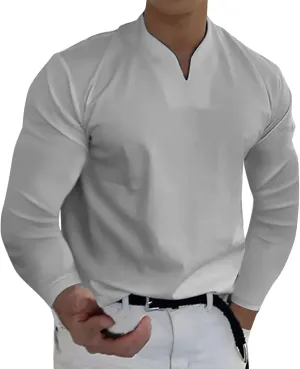 Mens Long Sleeve T Shirts Fashion Work V Neck Golf Pullover Tops Solid Color Loose Wedding Formal Business Basic Tees