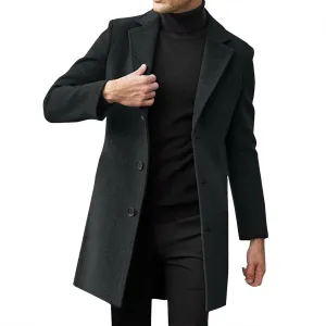 Mens Wool Blend Trench Coat Turn Down Collar Slim Fit Single Breasted Jacket Coat Winter Business Long Overcoat