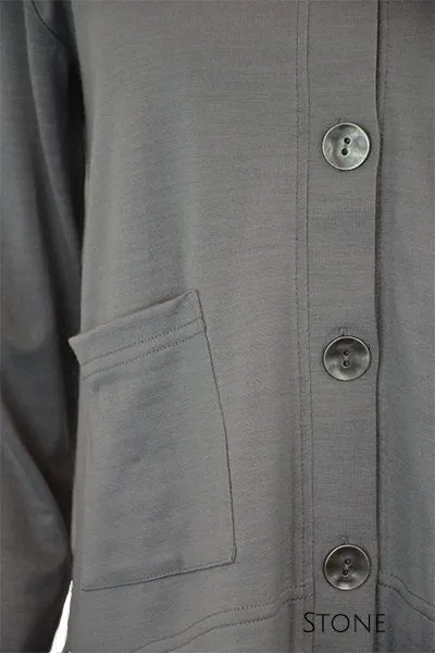 MERINO CRESCENT HEM CARDIGAN WITH POCKETS LONG SLEEVES ROUND NECK STONE