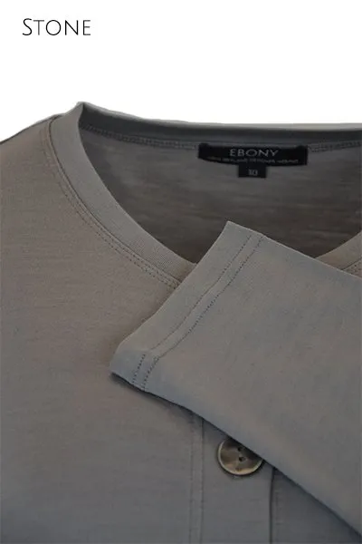 MERINO CRESCENT HEM CARDIGAN WITH POCKETS LONG SLEEVES ROUND NECK STONE