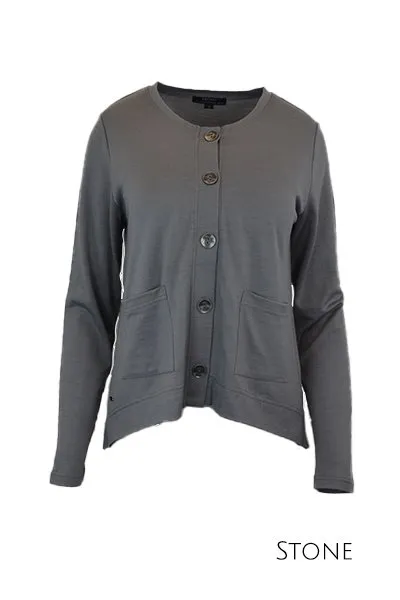 MERINO CRESCENT HEM CARDIGAN WITH POCKETS LONG SLEEVES ROUND NECK STONE