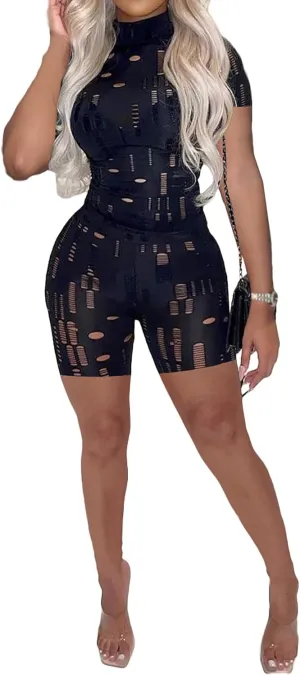MESLIMA Women's Sexy Solid Two Piece Outfits Hollow Out Long Sleeve Crop Top Bodycon Pants Sets Tracksuit