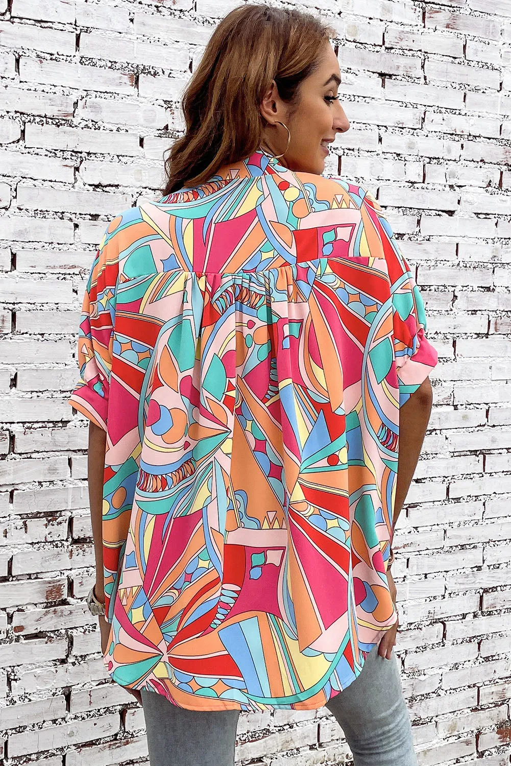 Multicolor Abstract Print Half Batwing Sleeve Loose Shirt