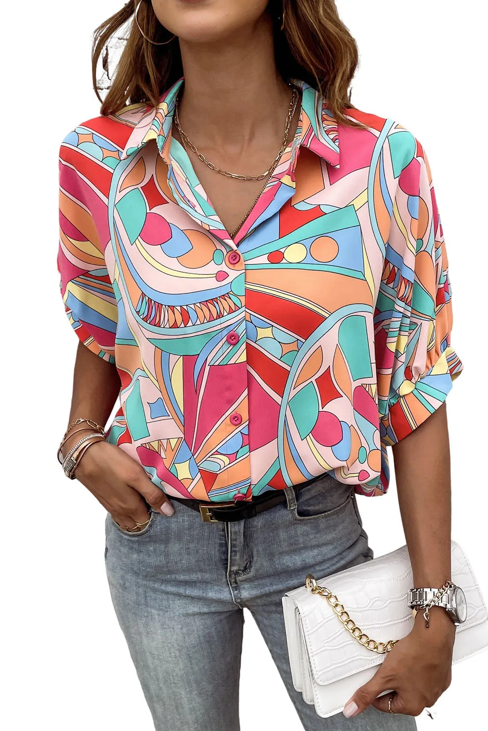 Multicolor Abstract Print Half Batwing Sleeve Loose Shirt