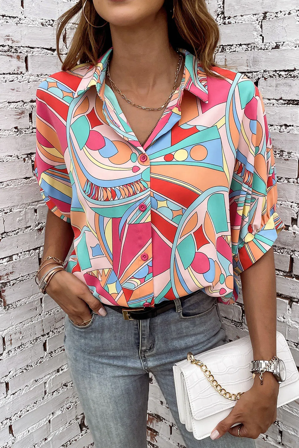 Multicolor Abstract Print Half Batwing Sleeve Loose Shirt
