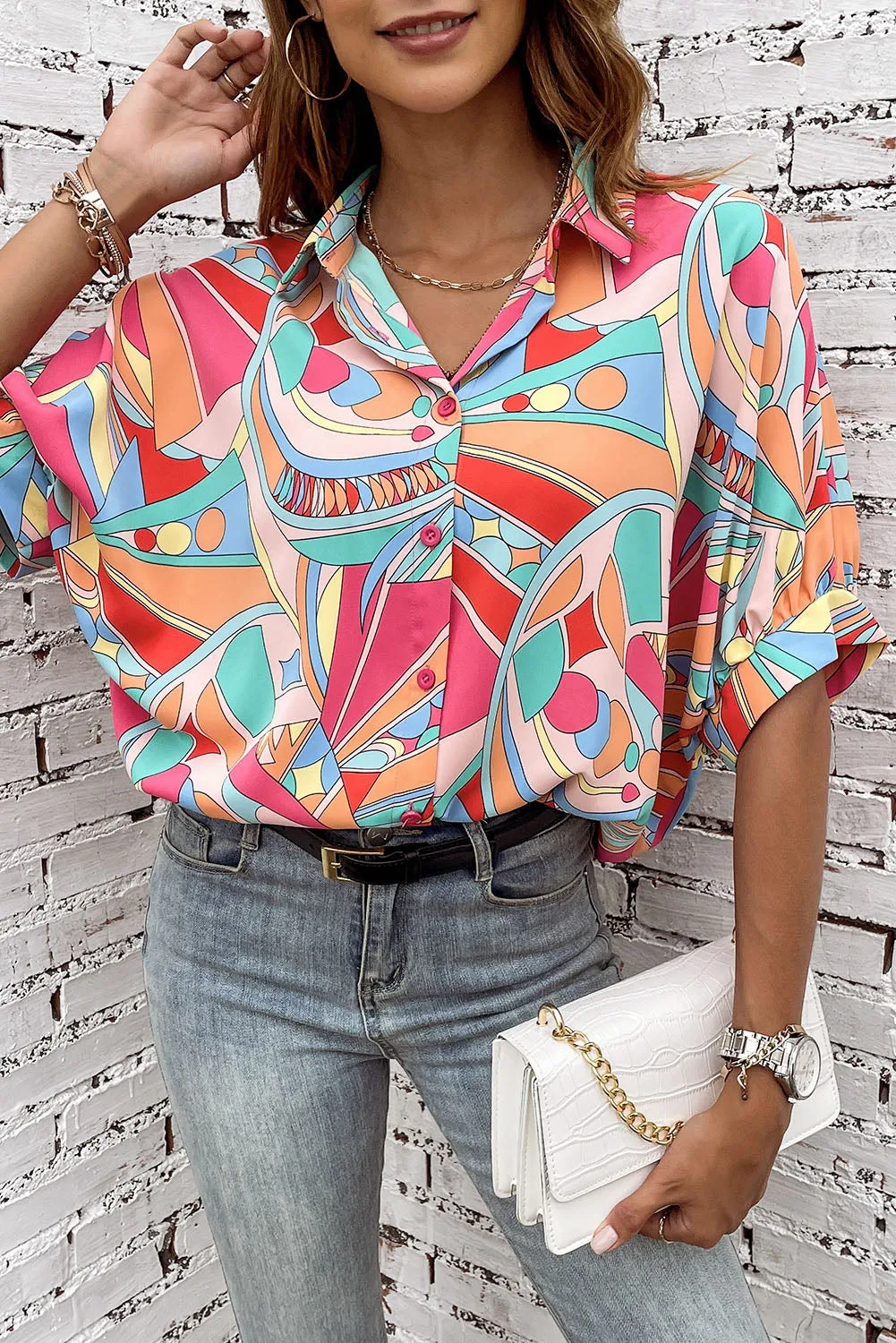 Multicolor Abstract Print Half Batwing Sleeve Loose Shirt