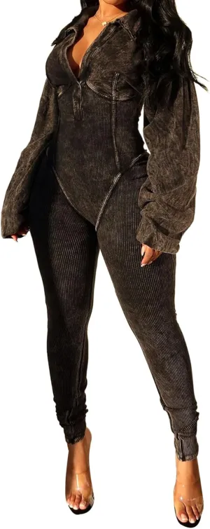 NRTHYE Women's Sexy One Piece Jumpsuit V-Neck Long Sleeve Casual Washed Ribbed Bodycon Corset Romper Club Outfits