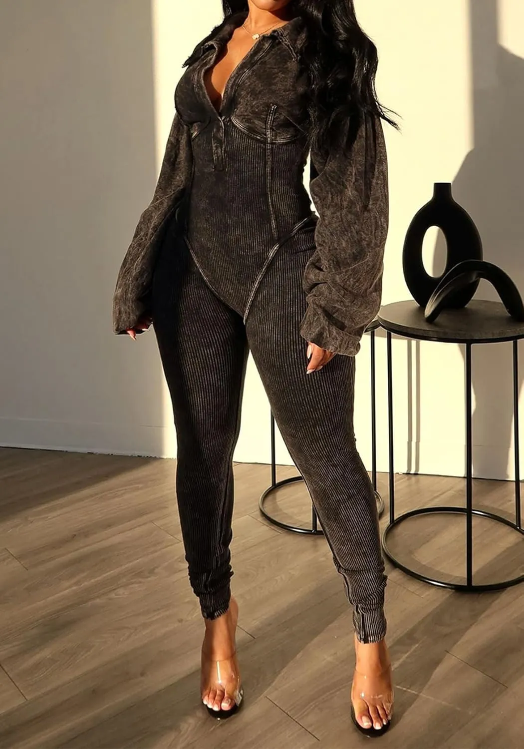 NRTHYE Women's Sexy One Piece Jumpsuit V-Neck Long Sleeve Casual Washed Ribbed Bodycon Corset Romper Club Outfits
