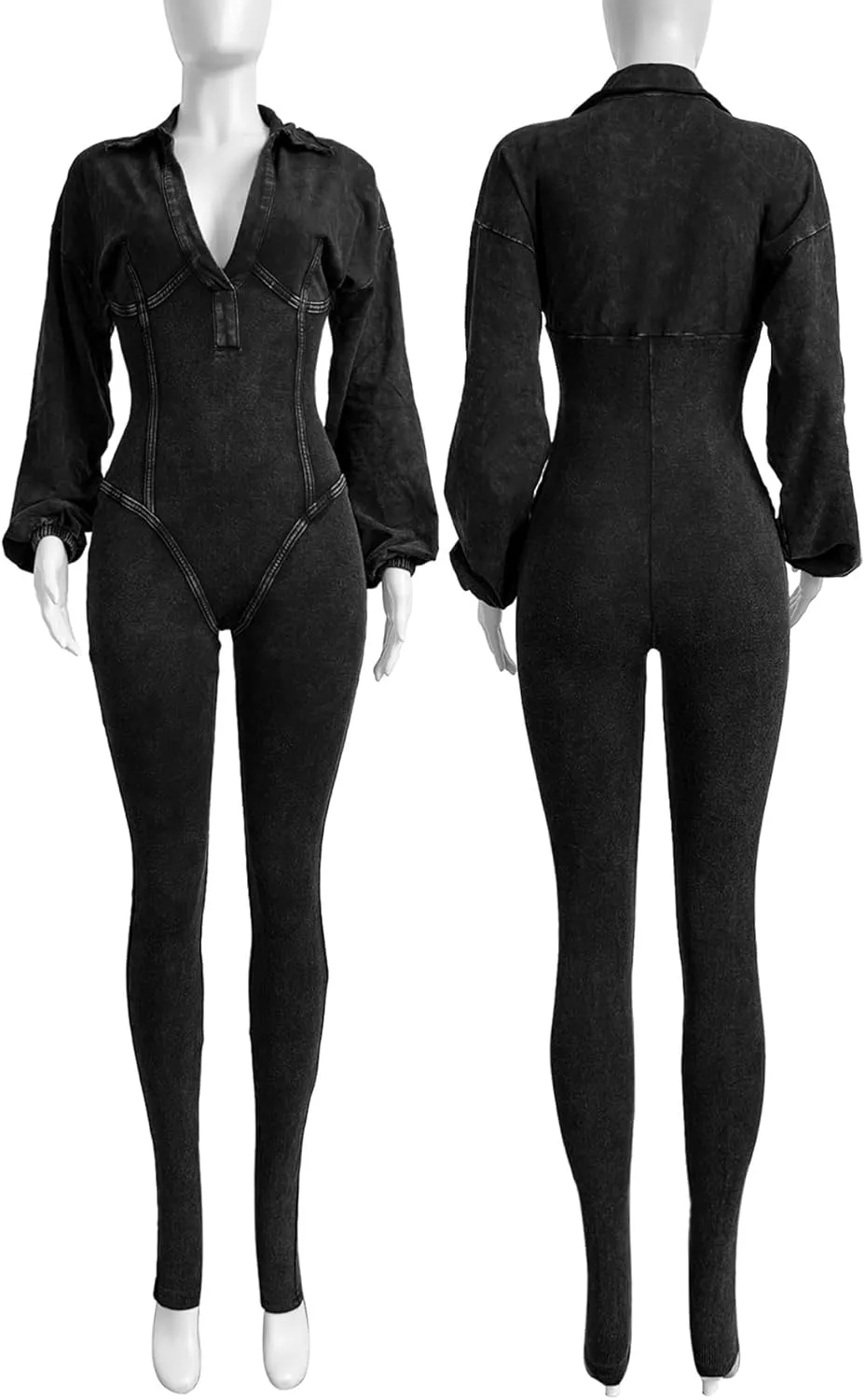 NRTHYE Women's Sexy One Piece Jumpsuit V-Neck Long Sleeve Casual Washed Ribbed Bodycon Corset Romper Club Outfits