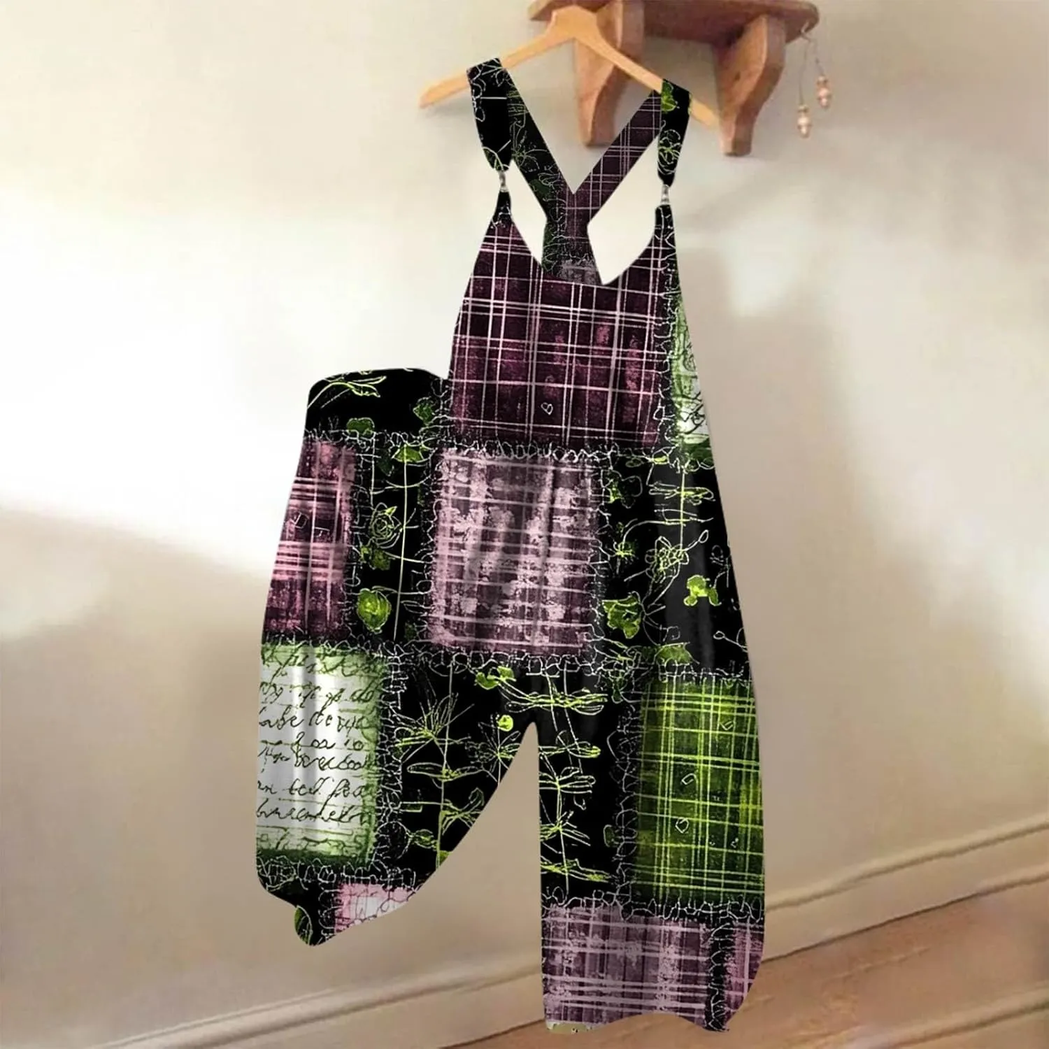 One Piece Jumpsuits for Women Crewneck Sleeveless Loose Fit Overalls Boho Floral Prints Long Romper with Pockets