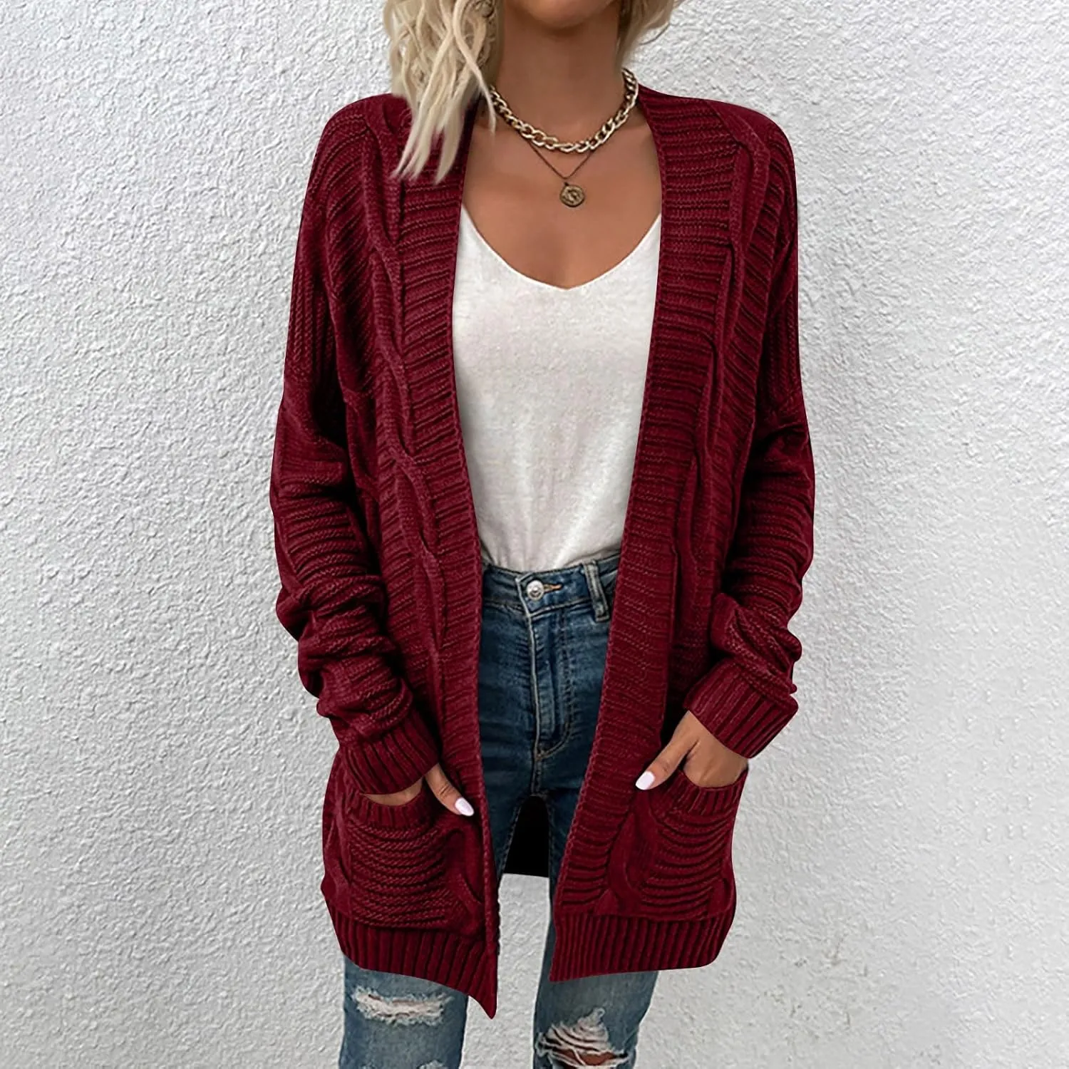 Oversized Cardigans for Women Long Sleeve Cable Knit Sweater Comfy Open Front Cardigan with Pockets