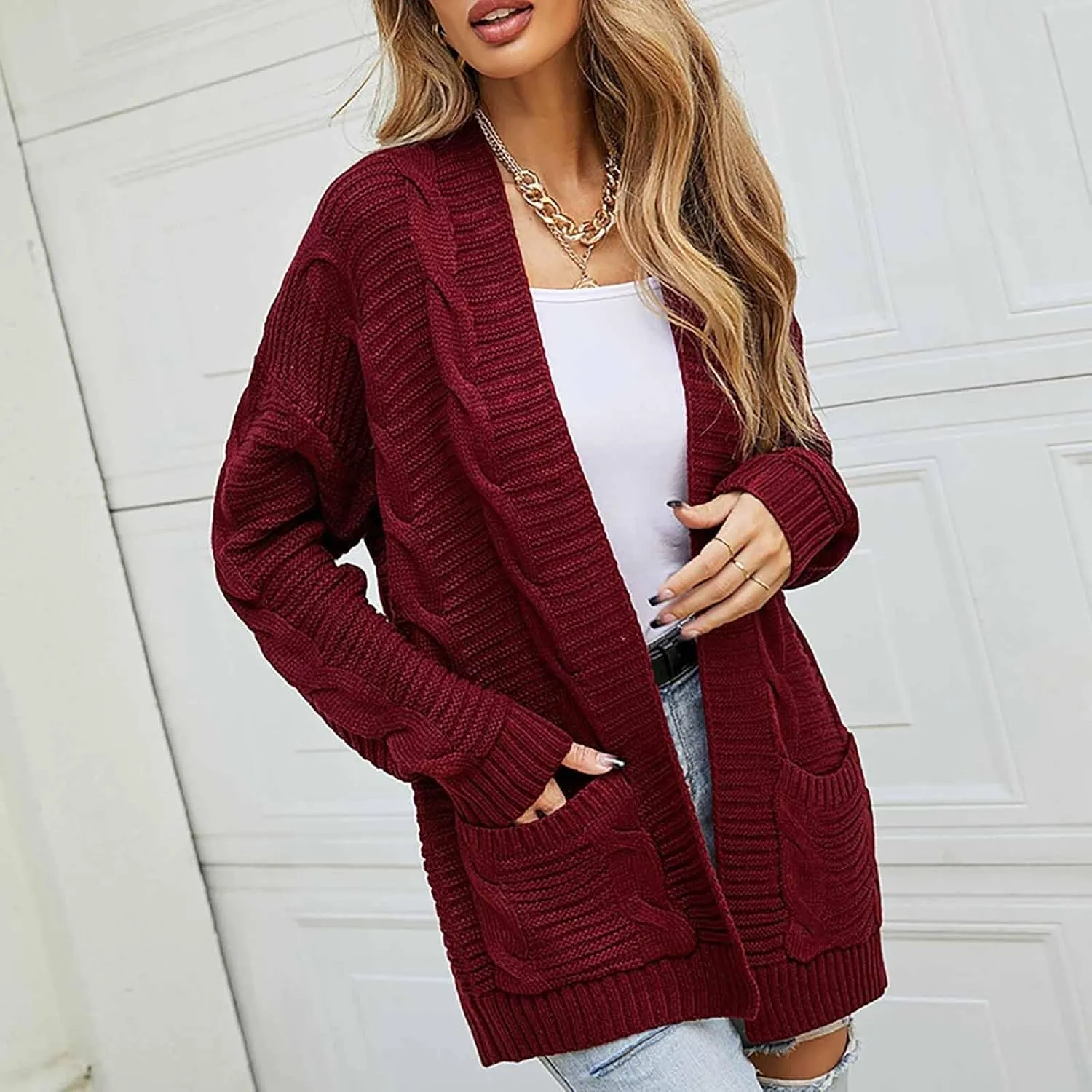 Oversized Cardigans for Women Long Sleeve Cable Knit Sweater Comfy Open Front Cardigan with Pockets