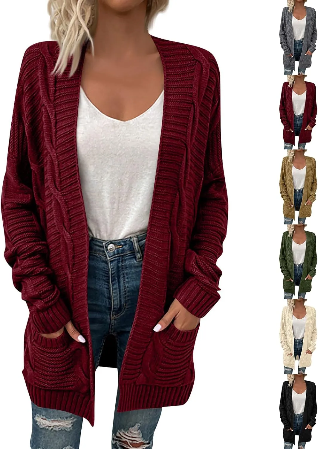 Oversized Cardigans for Women Long Sleeve Cable Knit Sweater Comfy Open Front Cardigan with Pockets