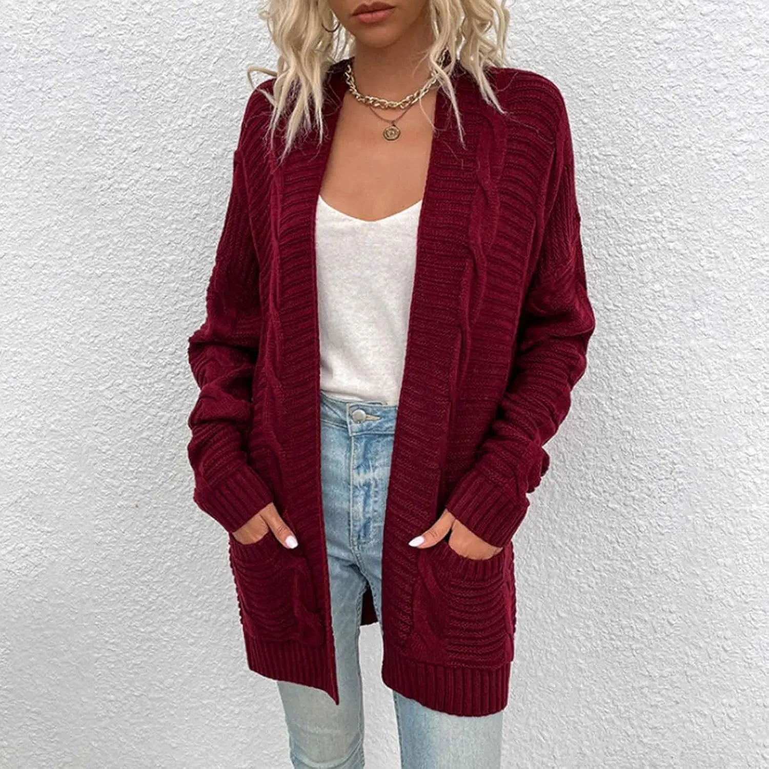 Oversized Cardigans for Women Long Sleeve Cable Knit Sweater Comfy Open Front Cardigan with Pockets