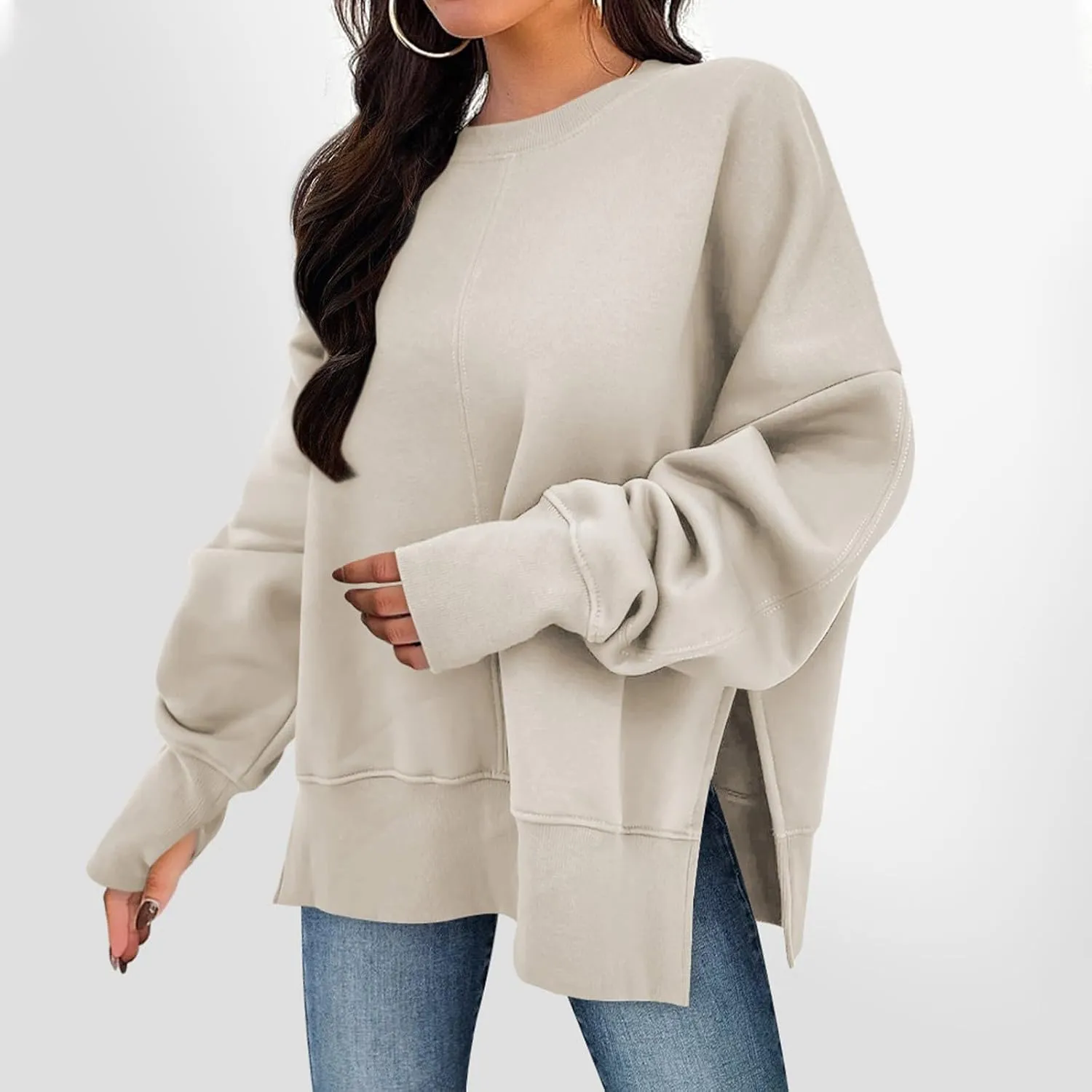 Oversized Sweatshirts for Women 2024 Fall Crew Neck Long Sleeve Tunic Tops Hoodless Cute Side Slit Pull Over Outfits