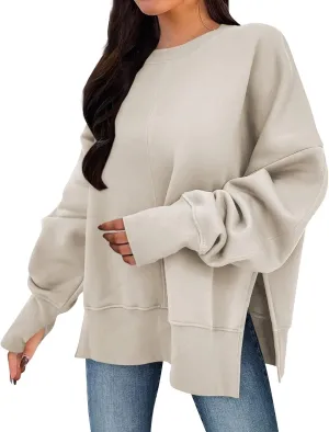 Oversized Sweatshirts for Women 2024 Fall Crew Neck Long Sleeve Tunic Tops Hoodless Cute Side Slit Pull Over Outfits