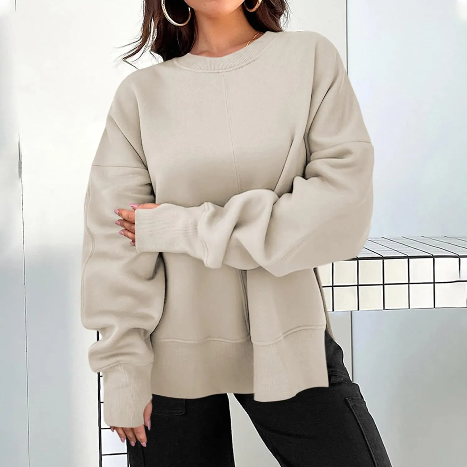 Oversized Sweatshirts for Women 2024 Fall Crew Neck Long Sleeve Tunic Tops Hoodless Cute Side Slit Pull Over Outfits