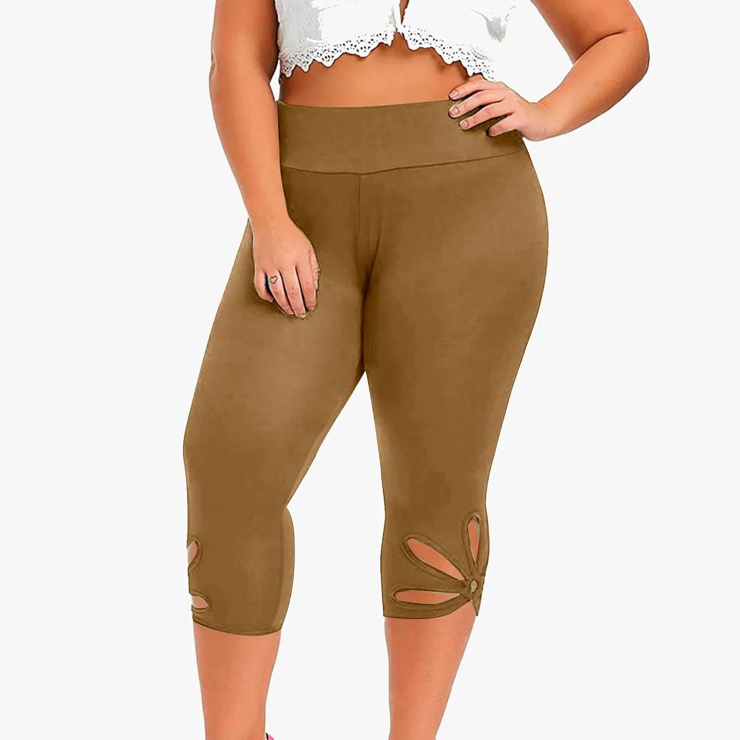 Plus Size Capris Leggings For Women Solid Color Hollow Out Tight Cropped Trousers Elastic High Waist Fashion Pants