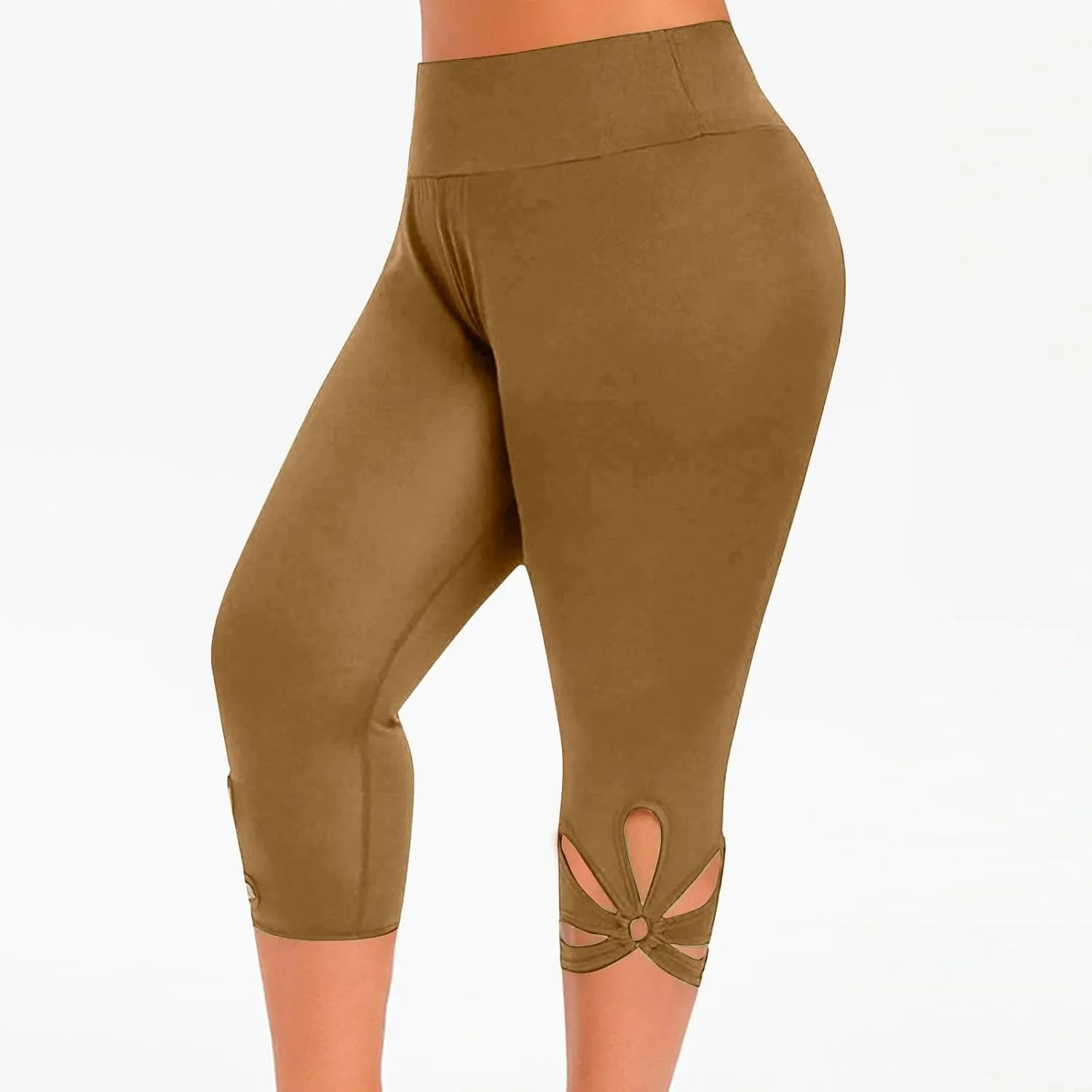 Plus Size Capris Leggings For Women Solid Color Hollow Out Tight Cropped Trousers Elastic High Waist Fashion Pants