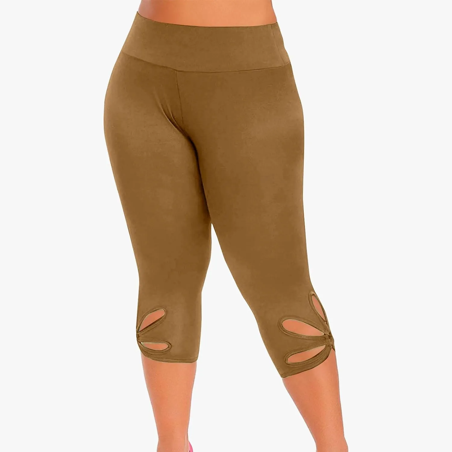 Plus Size Capris Leggings For Women Solid Color Hollow Out Tight Cropped Trousers Elastic High Waist Fashion Pants