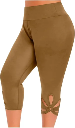 Plus Size Capris Leggings For Women Solid Color Hollow Out Tight Cropped Trousers Elastic High Waist Fashion Pants