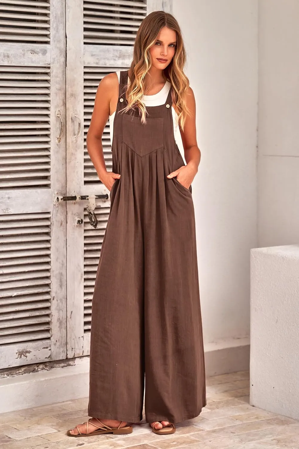 PRETTYGARDEN Women's Bib Overalls Casual Summer Sleeveless Strap Loose Wide Leg Jumpsuits with Pockets