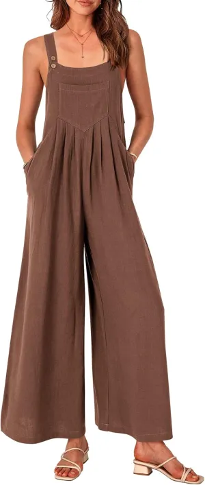 PRETTYGARDEN Women's Bib Overalls Casual Summer Sleeveless Strap Loose Wide Leg Jumpsuits with Pockets