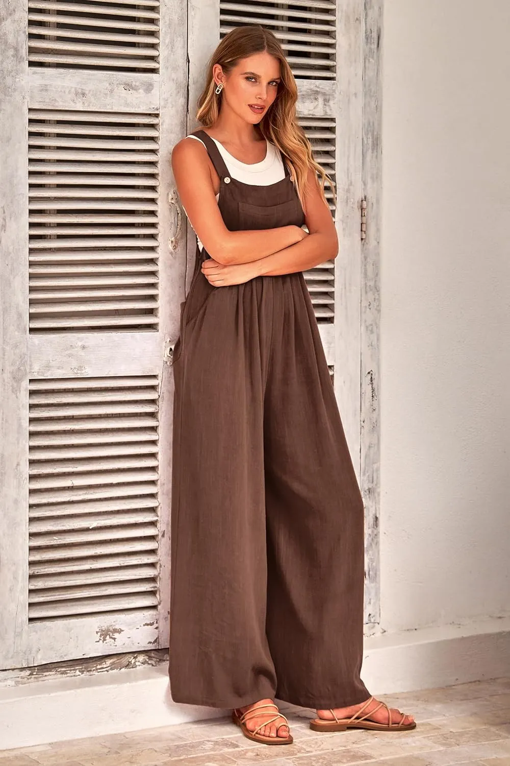 PRETTYGARDEN Women's Bib Overalls Casual Summer Sleeveless Strap Loose Wide Leg Jumpsuits with Pockets