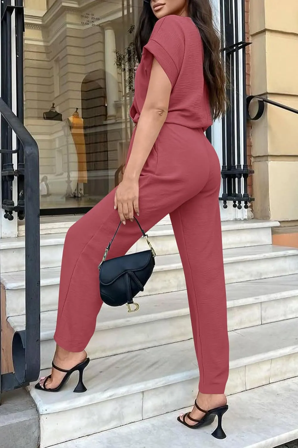 PRETTYGARDEN Women's Summer One Piece Jumpsuits Belted Short Sleeve Wrap V Neck Fashion Dressy Casual Wide Leg Pants Romper