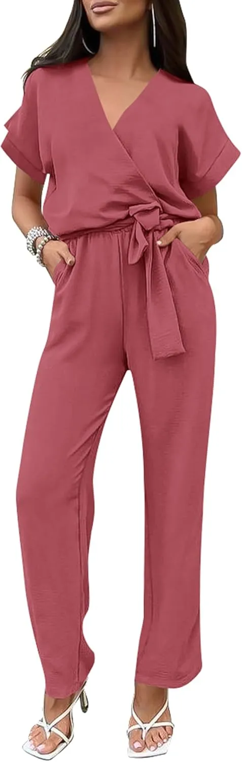 PRETTYGARDEN Women's Summer One Piece Jumpsuits Belted Short Sleeve Wrap V Neck Fashion Dressy Casual Wide Leg Pants Romper