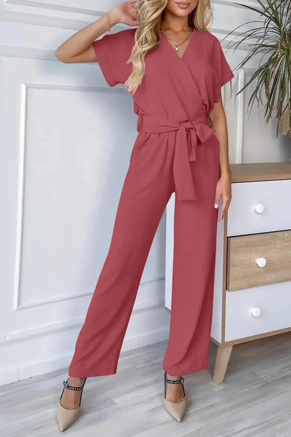 PRETTYGARDEN Women's Summer One Piece Jumpsuits Belted Short Sleeve Wrap V Neck Fashion Dressy Casual Wide Leg Pants Romper