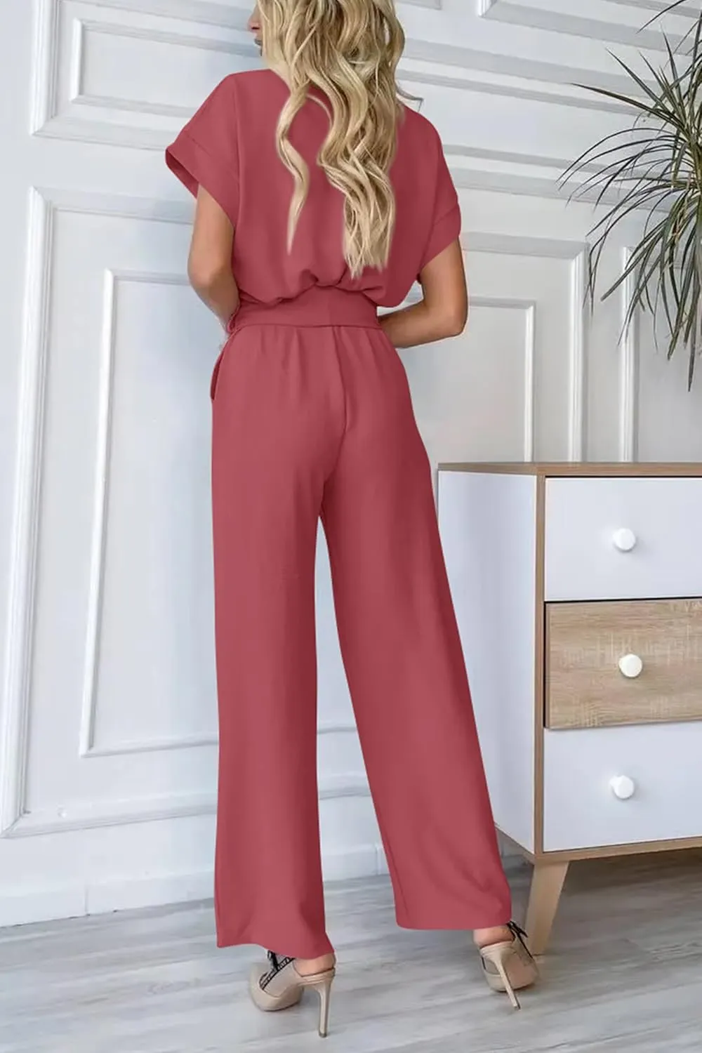PRETTYGARDEN Women's Summer One Piece Jumpsuits Belted Short Sleeve Wrap V Neck Fashion Dressy Casual Wide Leg Pants Romper