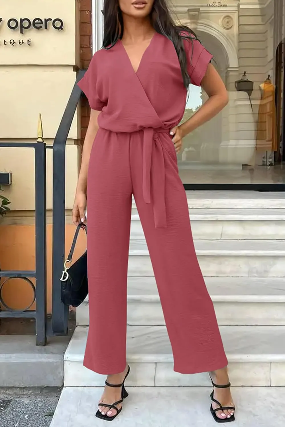 PRETTYGARDEN Women's Summer One Piece Jumpsuits Belted Short Sleeve Wrap V Neck Fashion Dressy Casual Wide Leg Pants Romper